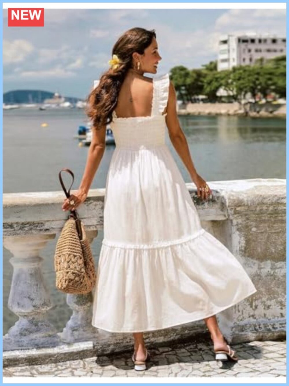 Square Neck Smocked Midi Dress Button Front Ruffle Strap Flowy Sundress - Picture 2 of 6